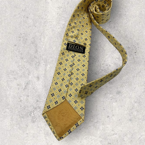 DION Gold/Blue Geometric Floral Silk LUXURY Tie HANDMADE CANADA - Picture 2 of 5